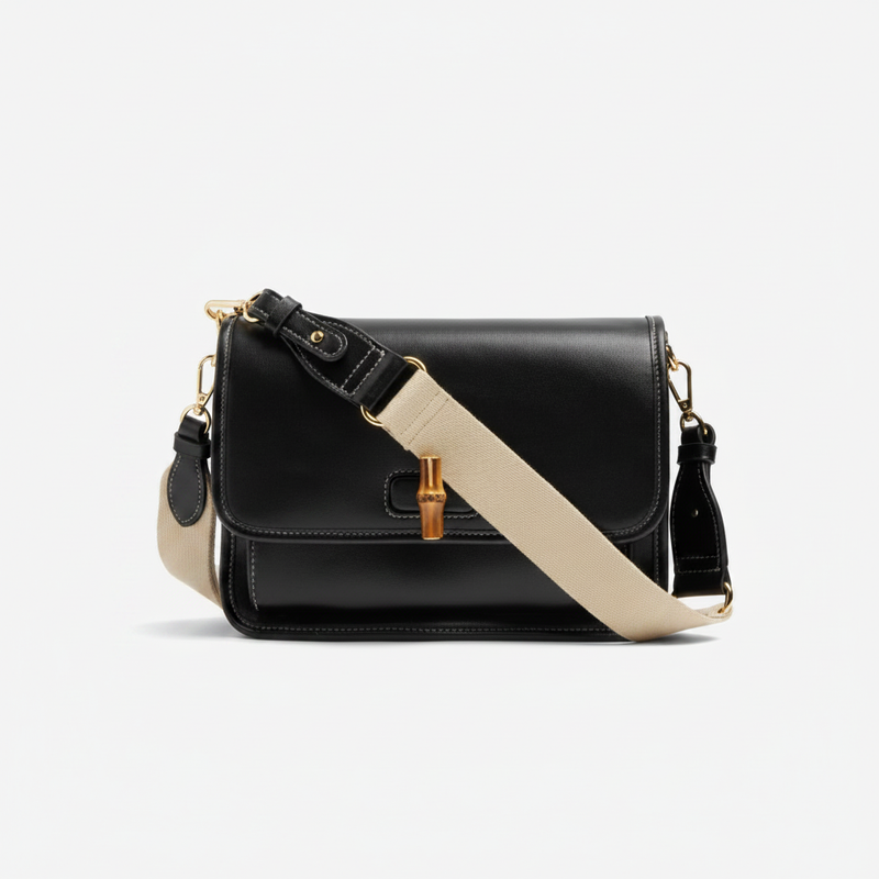 Parfois black shoulder bag with bamboo clasp and cream strap by Flowrista Dubai