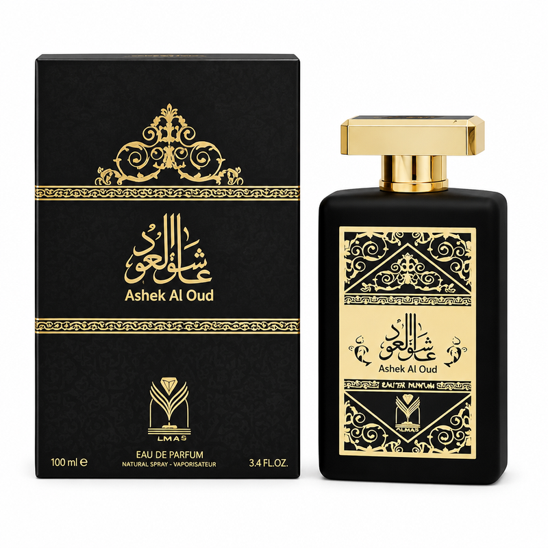 Ashek Al Oud 100ml Eau de Parfum by Almas black and gold bottle with matching box
