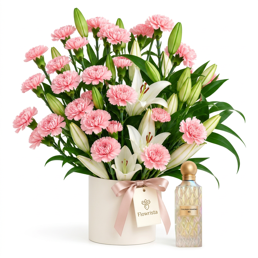Cullinan Diamond Iris 150 ml perfume with pink carnations and white lilies in a cream Flowrista flower box
