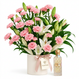 Cullinan Diamond Iris 150 ml perfume with pink carnations and white lilies in a cream Flowrista flower box