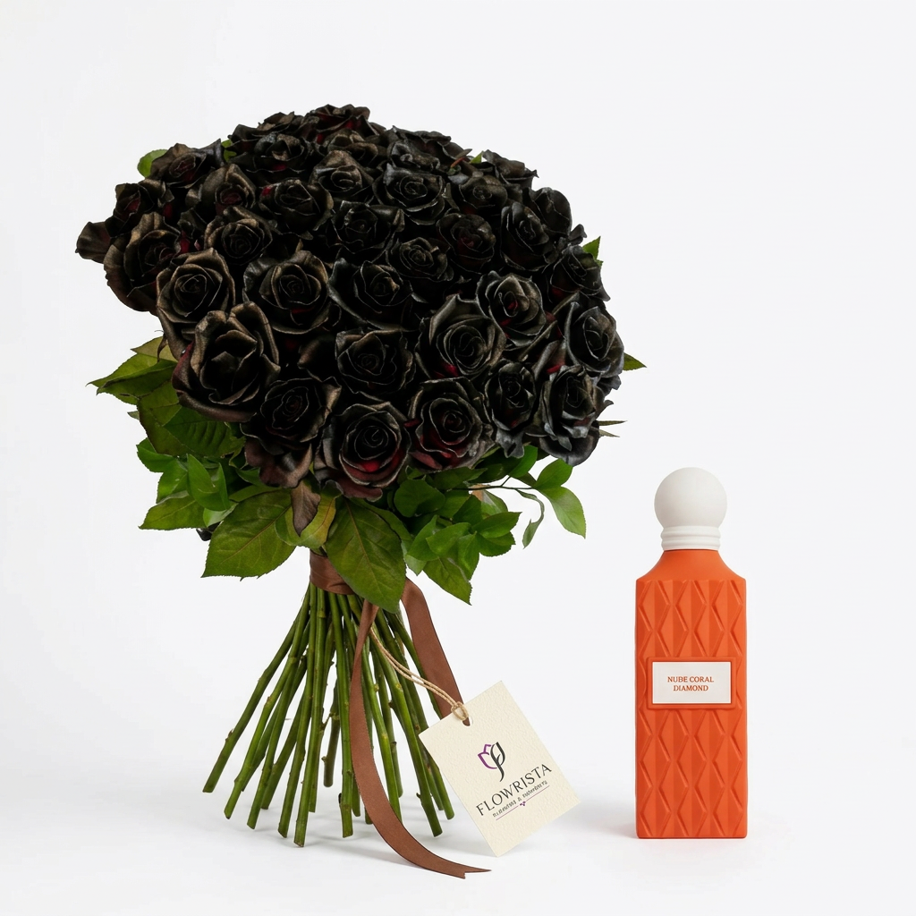 Nude Coral Diamond 150 ml perfume beside black-sprayed roses with a brown ribbon and Flowrista gift tag