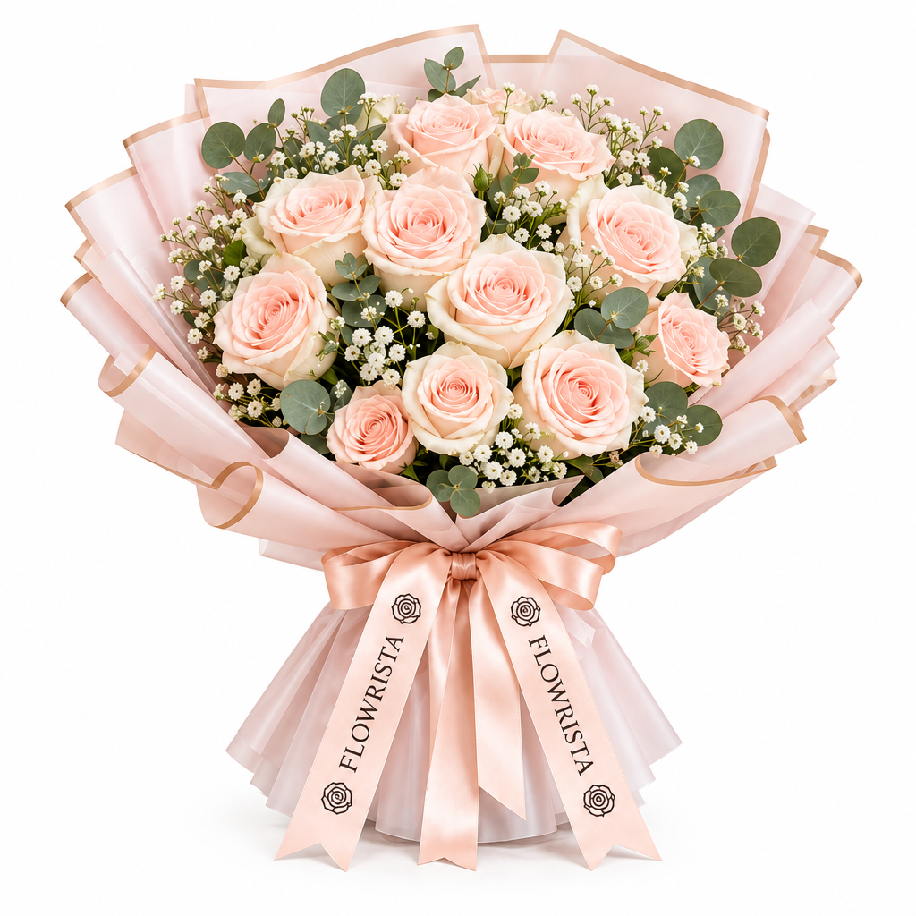 Peach-pink roses and gypsophila in Flowrista blush wrap with peach ribbon