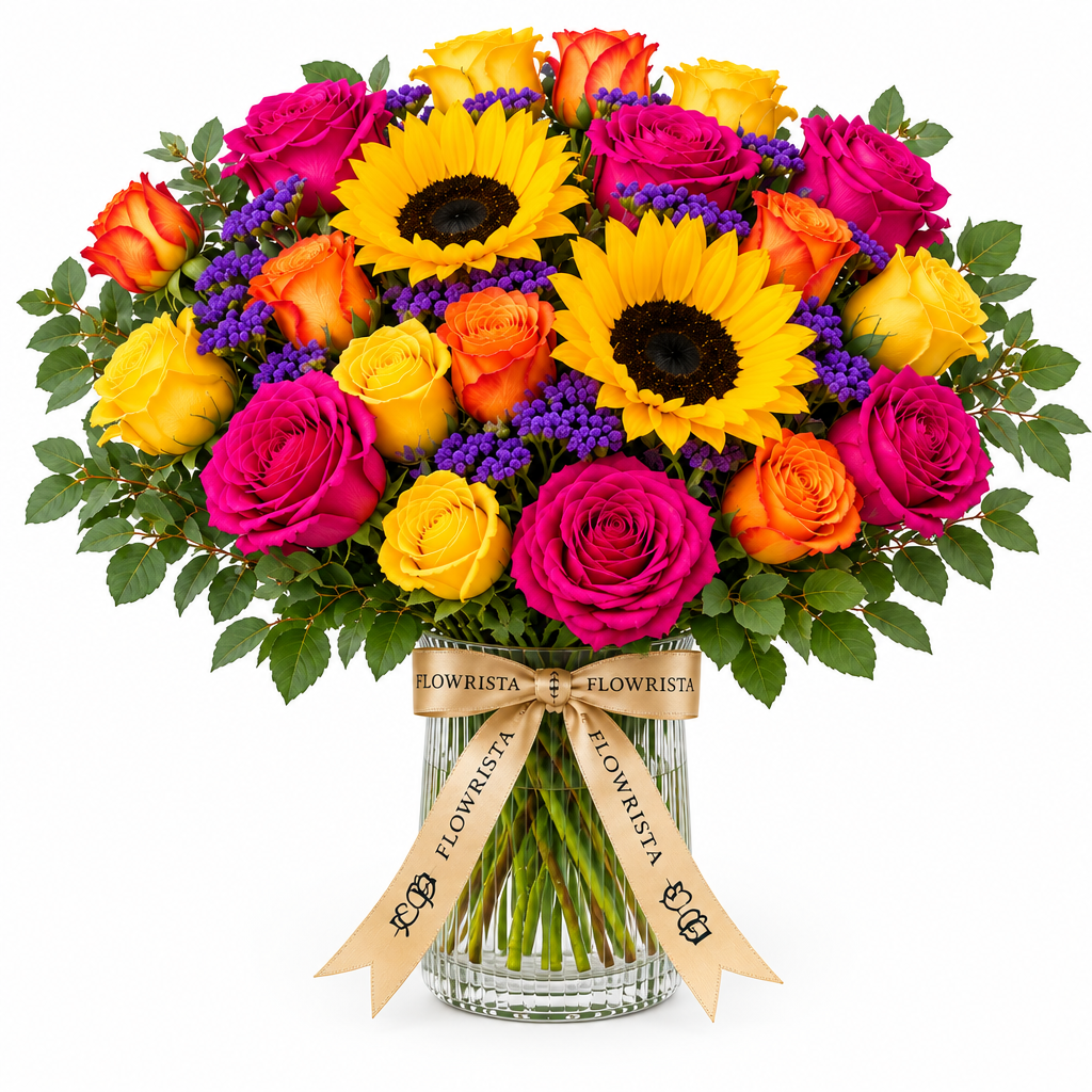 Flowrista glass vase with sunflowers, magenta, orange and yellow roses and purple flowers