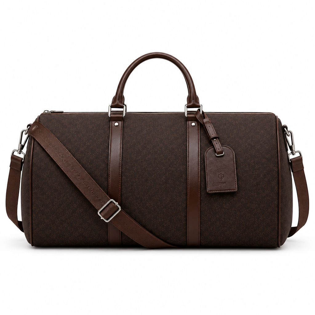 Dark brown FRANKFURT duffle bag with handles and shoulder strap on white