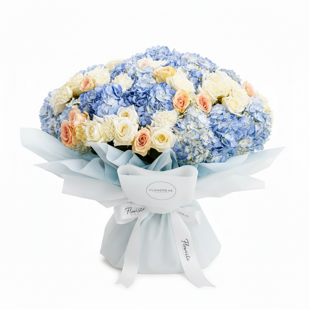 Flowrista blue hydrangeas peach and white roses bouquet in light blue wrapping on white background