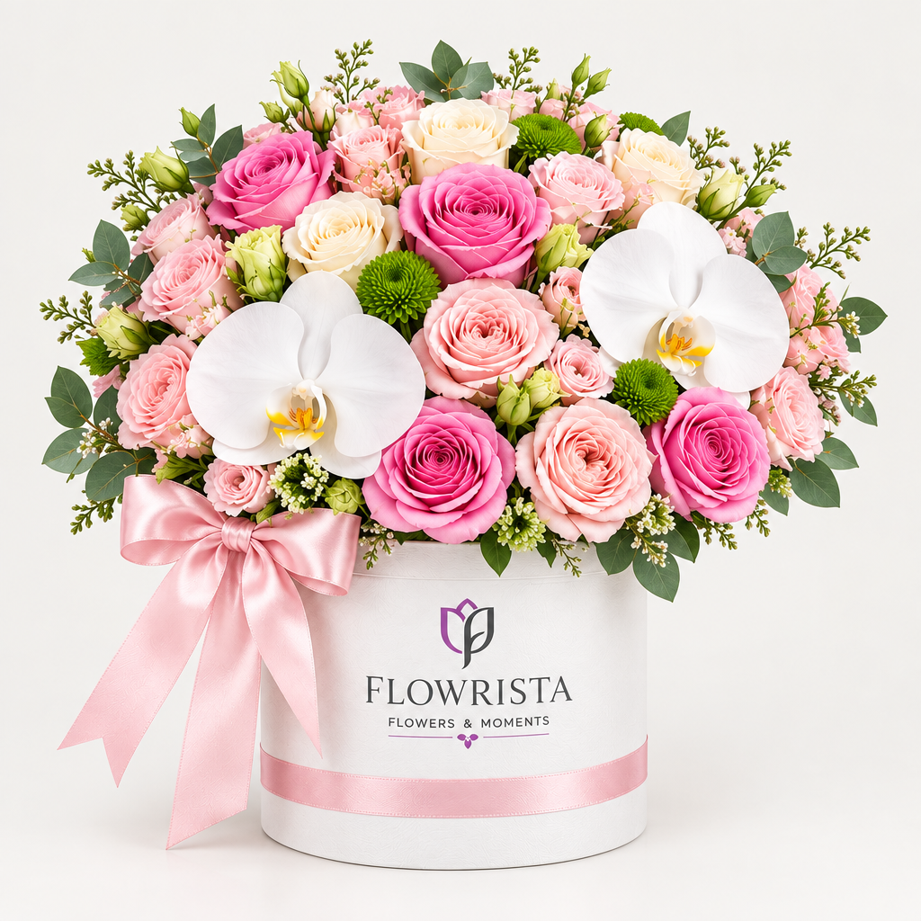 Flowrista pink rose and white orchid flower arrangement in a white vase