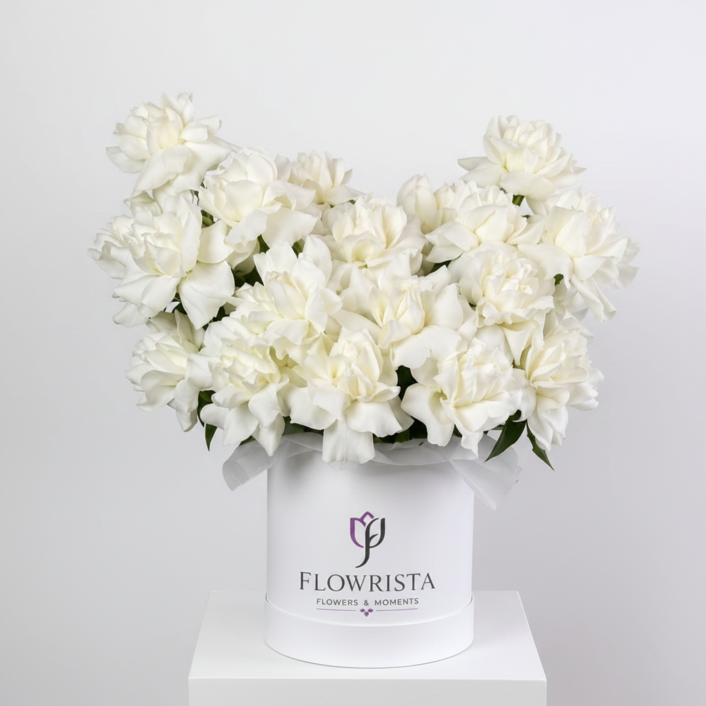 Flowrista white peonies overflowing white cylindrical box with white satin ribbon bow