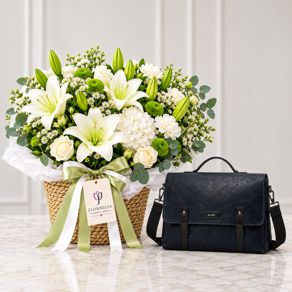 ALDO Agreramond black messenger bag beside a Flowrista white lily flower basket