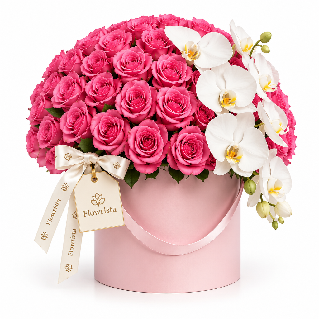 Flowrista pink roses and cascading white orchids in a pink hatbox with cream bow