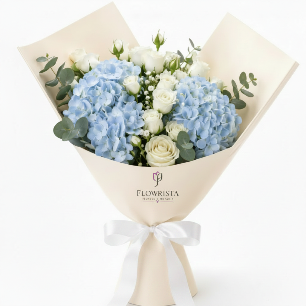 Flowrista blue hydrangea and white roses bouquet in cream branded paper with white satin ribbon