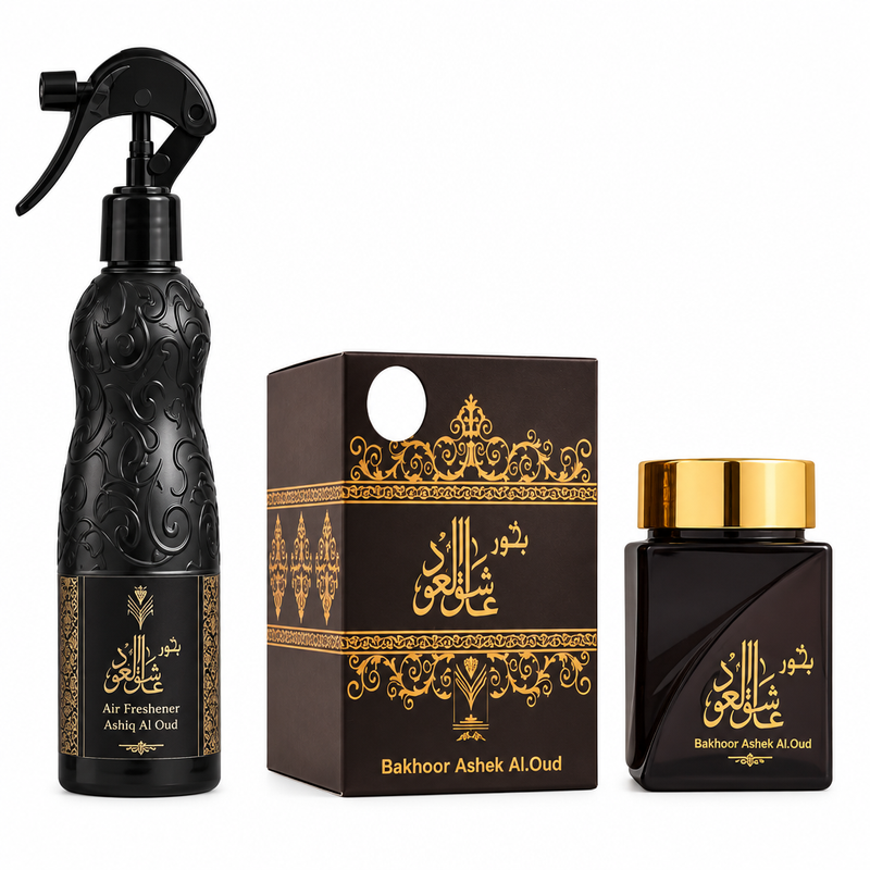 Ashiq Al Oud black air freshener bottle and Bakhoor Asheq Al Oud jar with presentation box