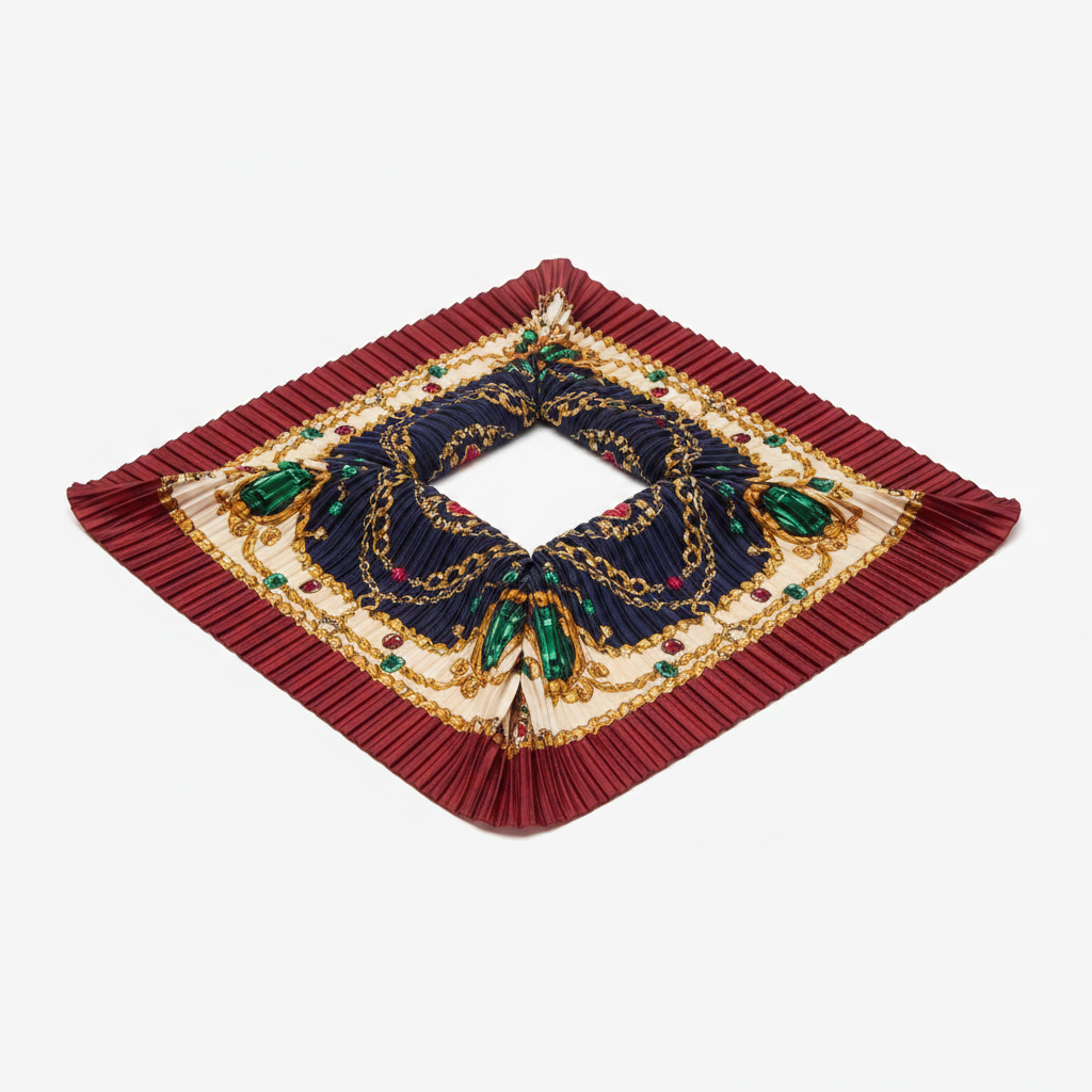 Mango purple pleated square satin scarf with gold chain and gemstone print on white background
