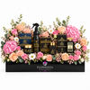 Ashiq Al Oud perfume mamoul bakhoor and air freshener with pink hydrangeas and pastel roses in a black Flowrista planter