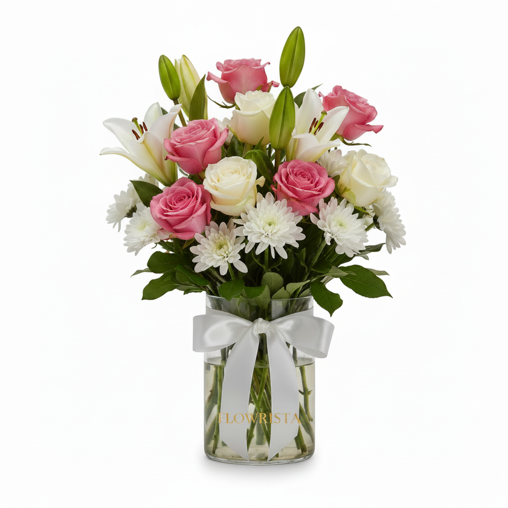 Flowrista pink and white roses vase arrangement Dubai