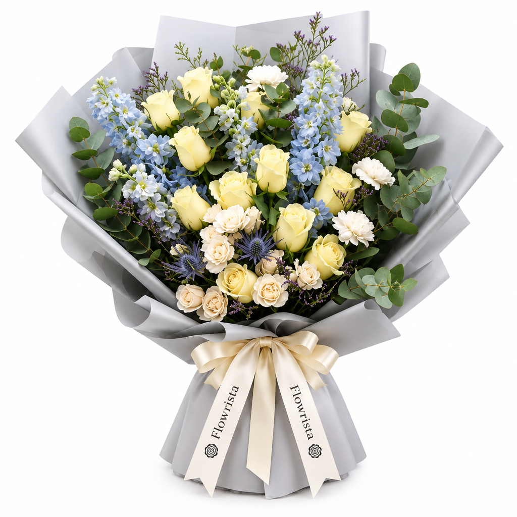 Flowrista cream rose bouquet with white and pale-blue flowers in gray wrapping