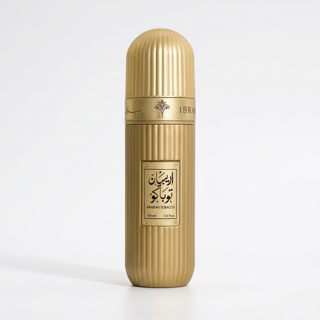Arabian Tobacco 100 ml gold ribbed perfume bottle with rounded gold cap and original label