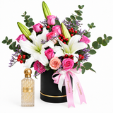 Cullinan Diamond Iris 150 ml perfume beside Flowrista pink rose and white lily black hatbox