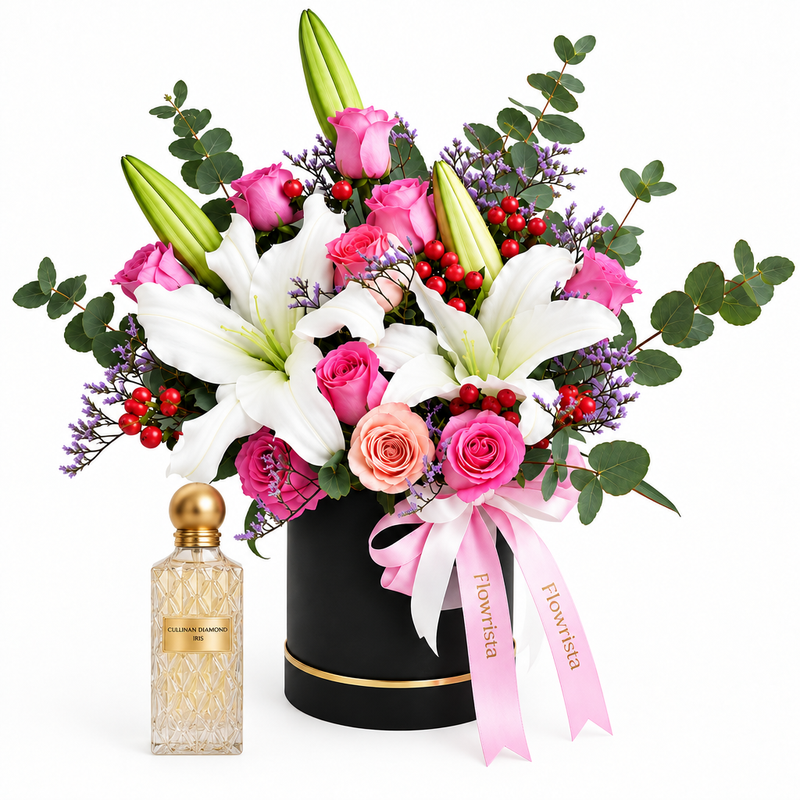 Cullinan Diamond Iris 150 ml perfume beside Flowrista pink rose and white lily black hatbox