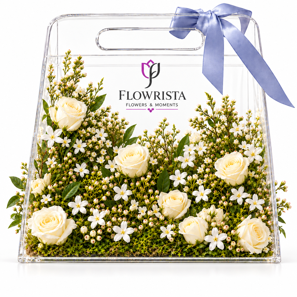 Fresh white roses and filler flowers in a transparent handled Flowrista gift bag with lavender ribbon