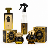 Kuwaiti perfume, home spray, maamoul, and bakhour gift set items on a white background