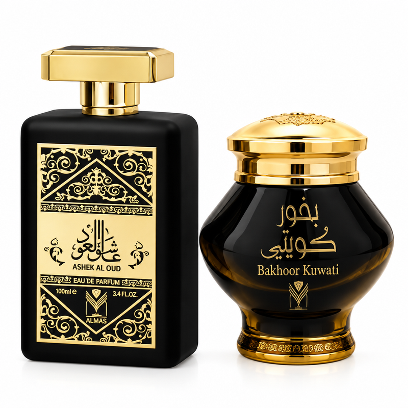 Ashek Al Oud 100ml perfume bottle beside Bakhoor Kuwati black and gold incense jar