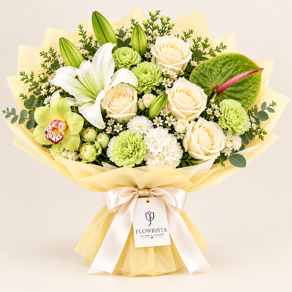 Flowrista pale yellow wrapped bouquet of white lily, ivory roses, green carnations, orchid and anthurium