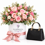 Flowrista pink rose box with ALDO Surgoine black satchel gift set