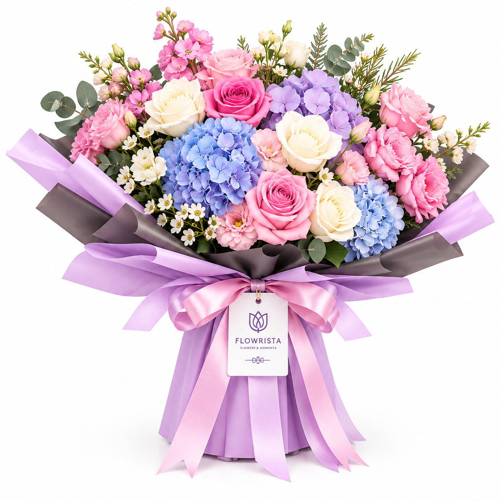 Blue hydrangea, pink and white roses bouquet in Flowrista lilac wrap with pink bow