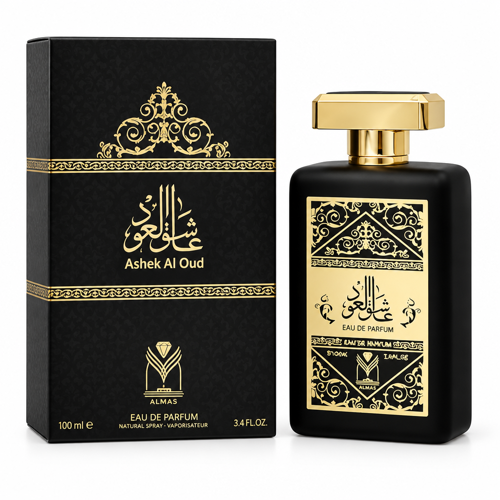 Ashek Al Oud Eau de Parfum 100ml by Almas with black and gold bottle and matching box