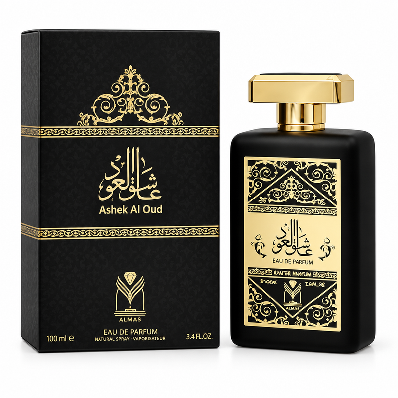 Ashek Al Oud Eau de Parfum 100ml by Almas with black and gold bottle and matching box
