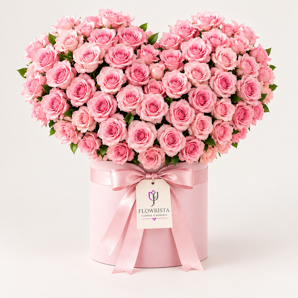 Flowrista pale pink round flower box filled with abundant pink roses and satin bow
