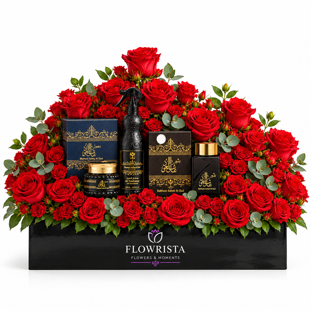 Ashiq Al Oud mamoul bakhoor and air freshener with fresh red roses and eucalyptus in a black Flowrista planter
