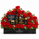 Ashiq Al Oud mamoul bakhoor and air freshener with fresh red roses and eucalyptus in a black Flowrista planter