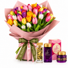 Amir Al Oud Gold perfume, Saher bakhoor and mamoul beside Flowrista multicolour tulip bouquet