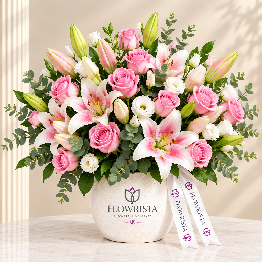 Pink roses, pink lilies and white lisianthus in a white Flowrista pot with ribbon