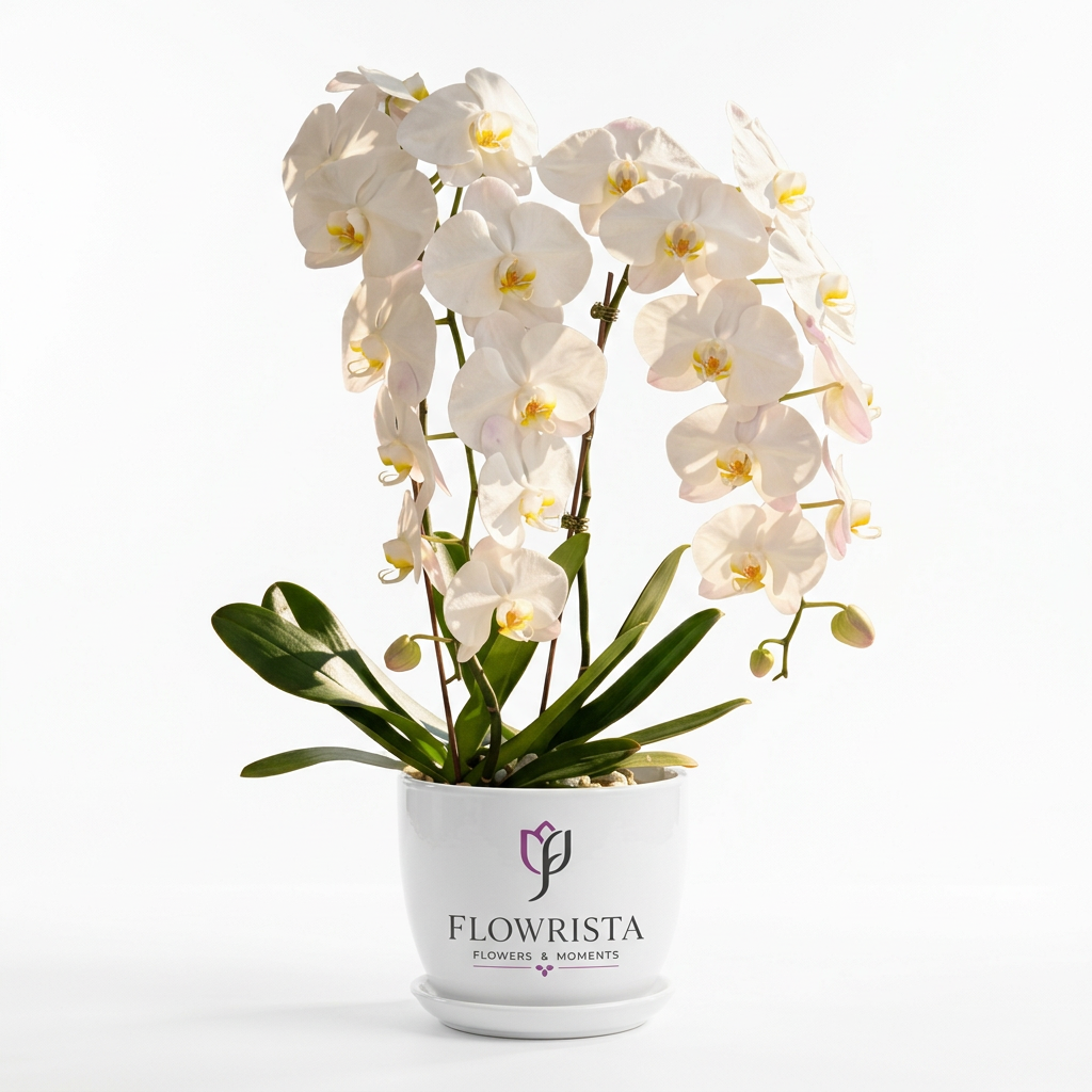 Live two-stem white Phalaenopsis orchid plant with green leaves in a white Flowrista Flowers & Moments pot