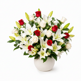 Flowrista red roses and white lilies ceramic vase on white background