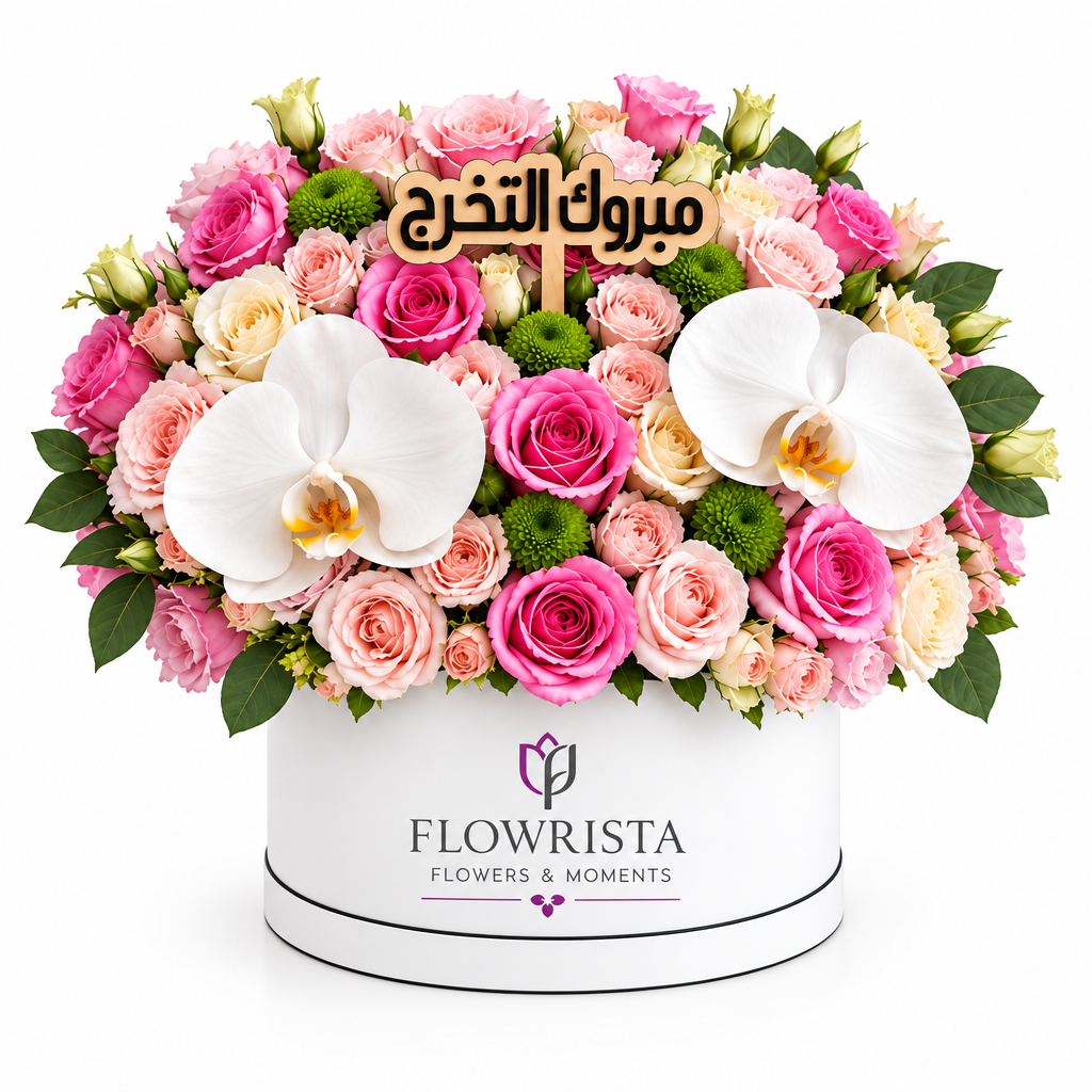 Pink roses, white orchids and graduation topper in Flowrista white flower box