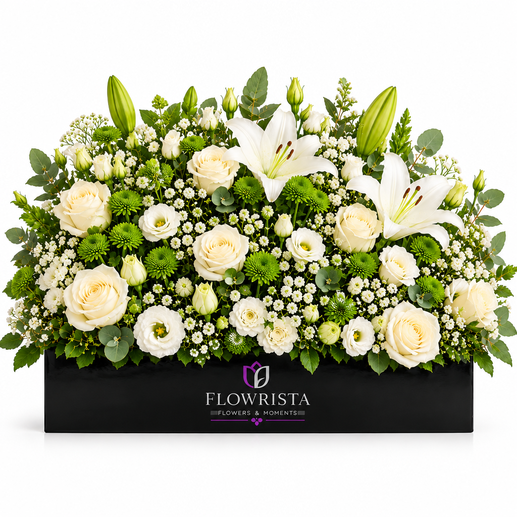 Fresh white lilies roses and lisianthus with green chrysanthemums and eucalyptus in a black Flowrista planter