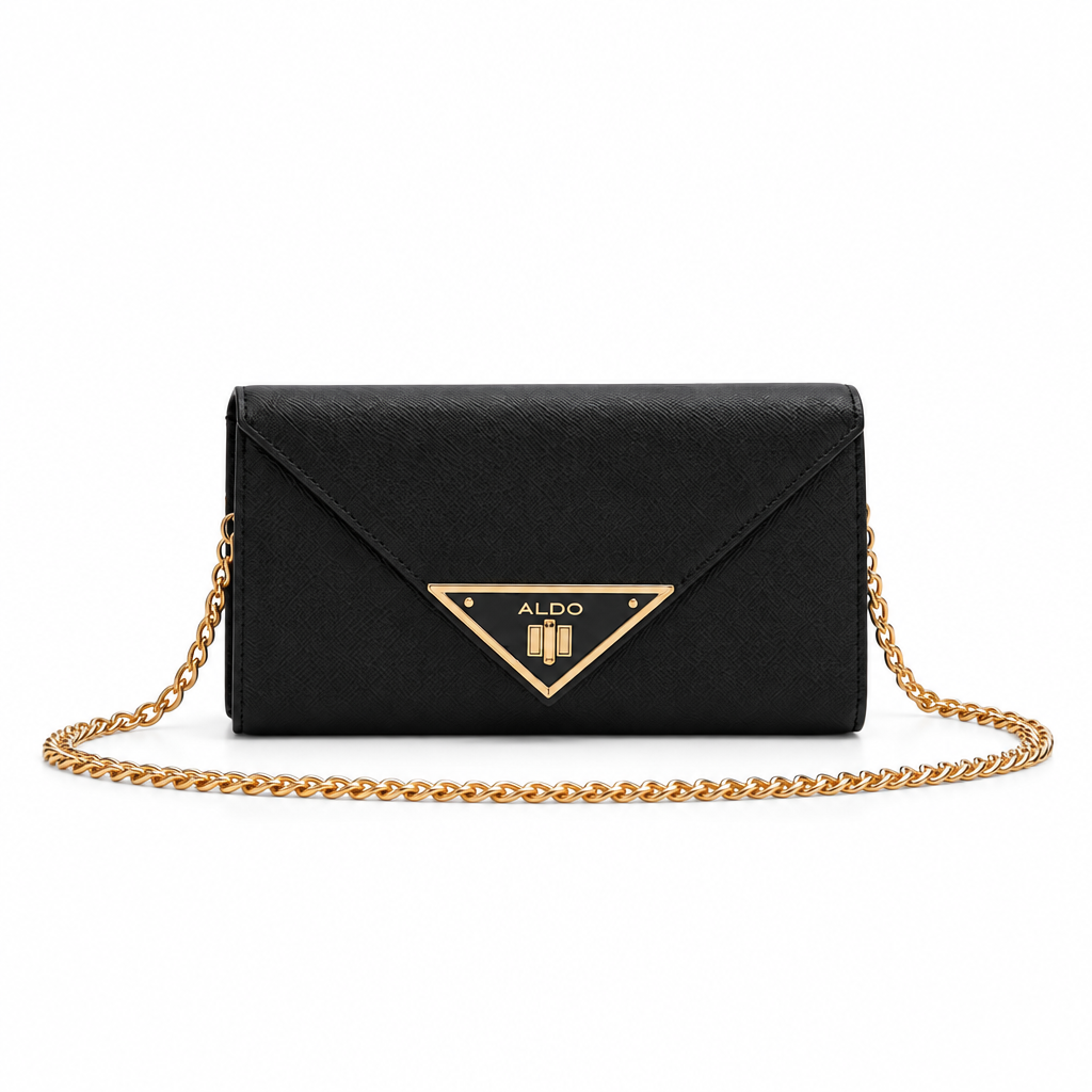 Black ALDO Brimorton wallet with gold chain strap and triangle logo clasp