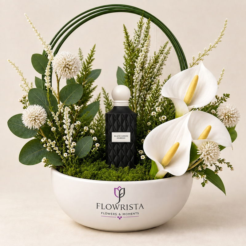 Black Carbon Diamond perfume with artificial white calla-style flowers and green arch in a white Flowrista bowl