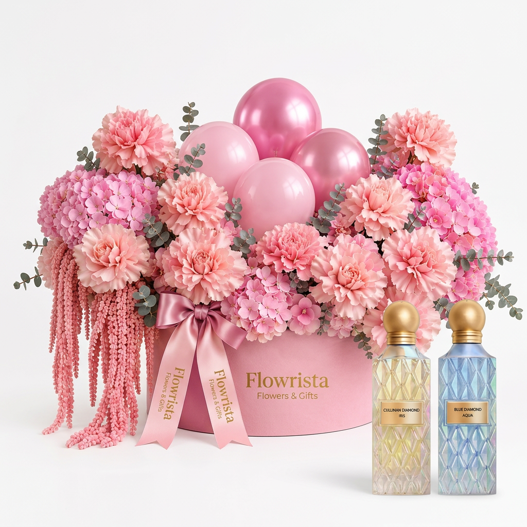 Cullinan Diamond Iris and Blue Diamond Aqua perfumes with a Flowrista pink flower and balloon box