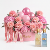 Cullinan Diamond Iris and Blue Diamond Aqua perfumes with a Flowrista pink flower and balloon box