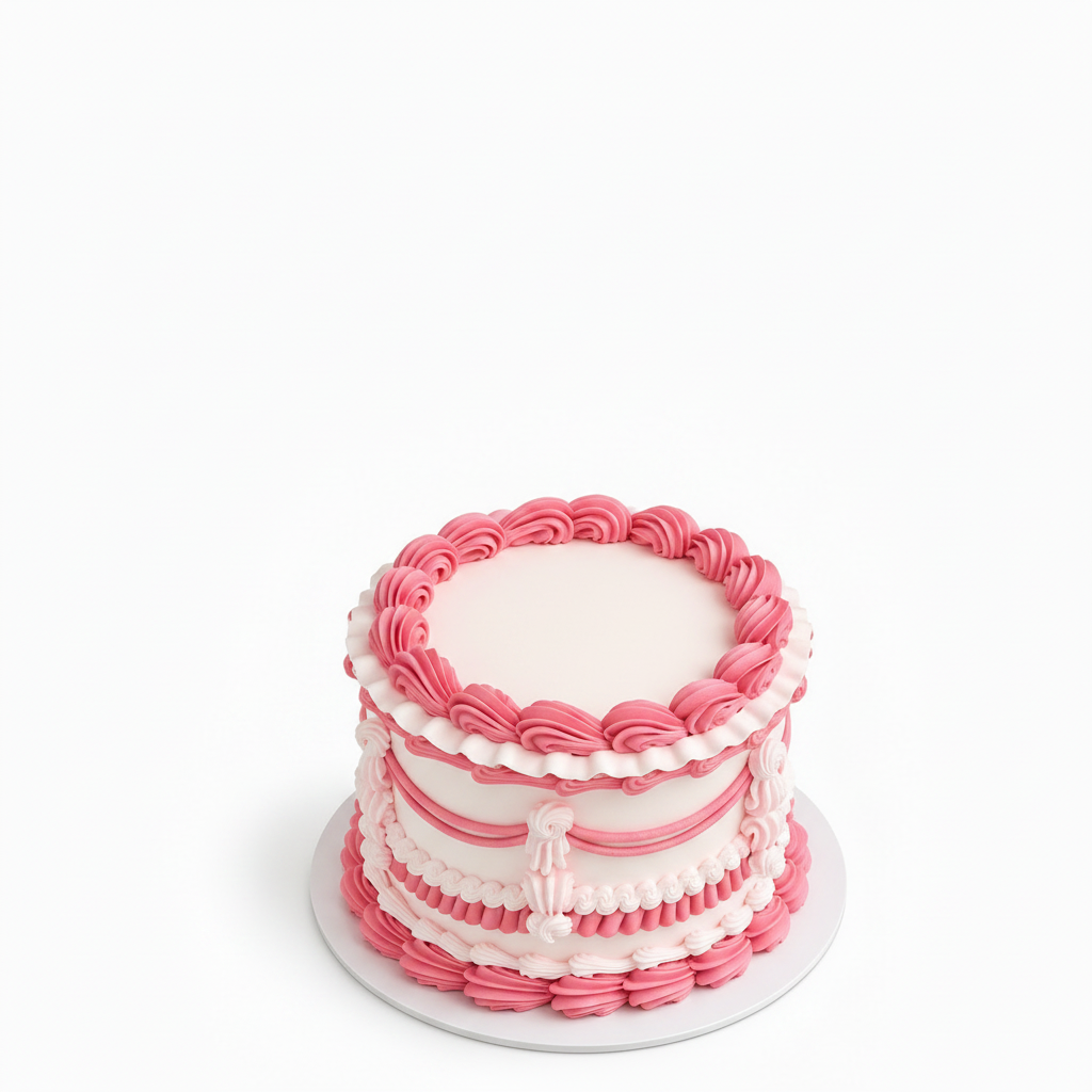 One-kilo Sugar Sweet pink-and-white vintage birthday cake with piped garlands and ruffles