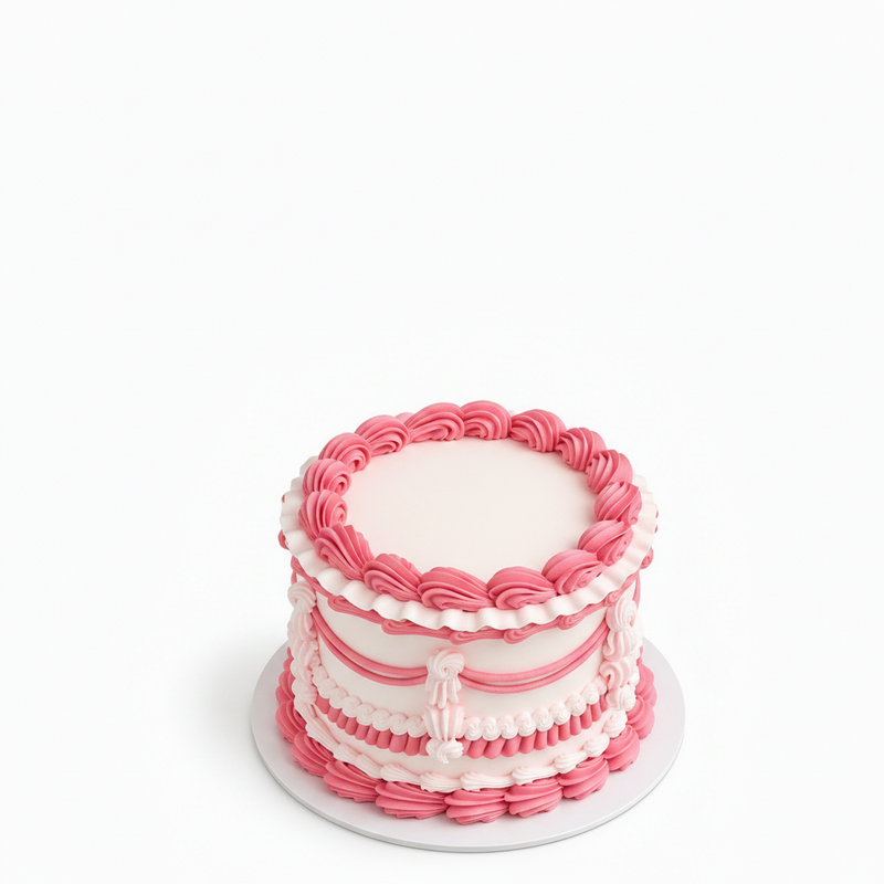 One-kilo Sugar Sweet pink-and-white vintage birthday cake with piped garlands and ruffles