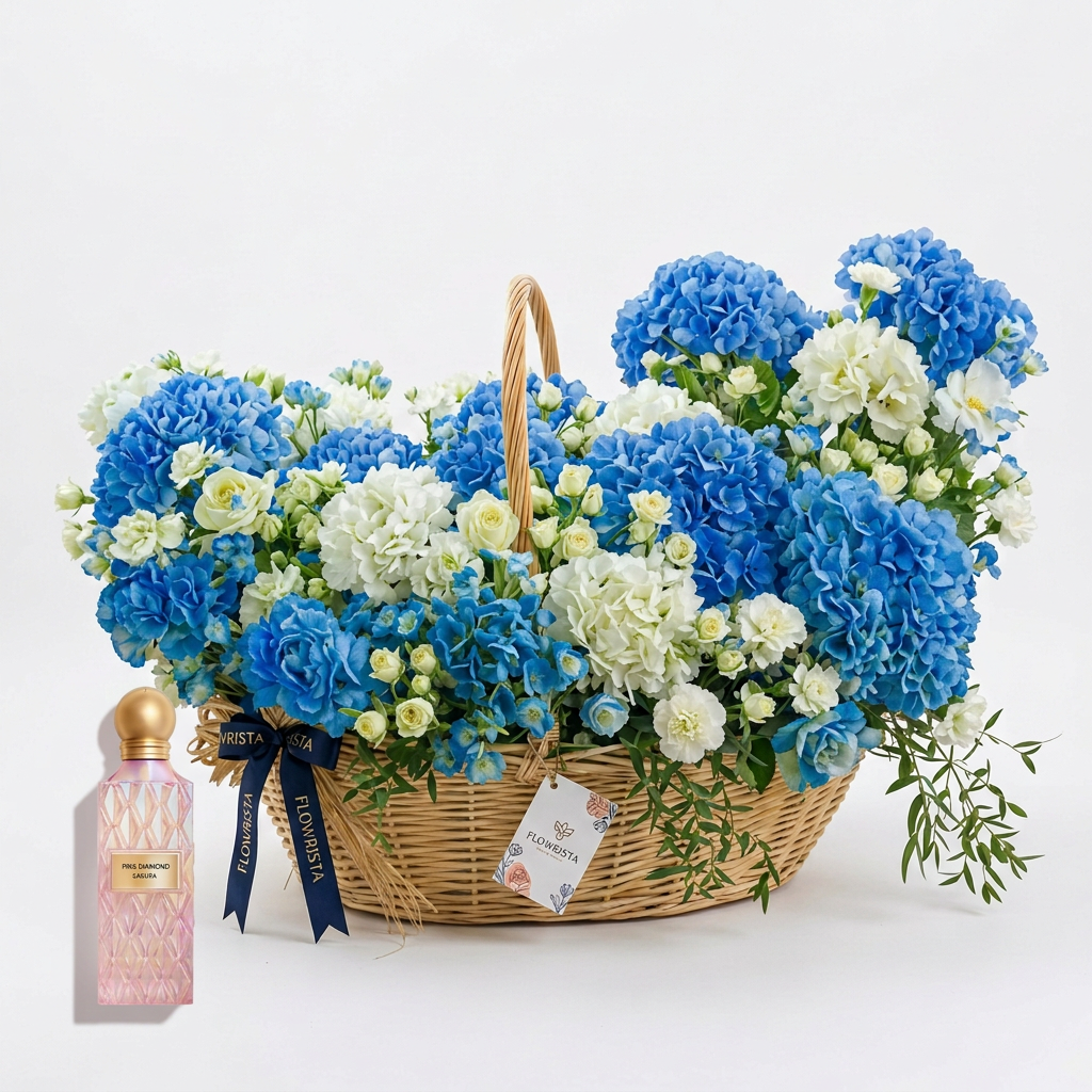 Pink Diamond Sakura perfume beside a blue and white floral basket with navy ribbon and Flowrista tag