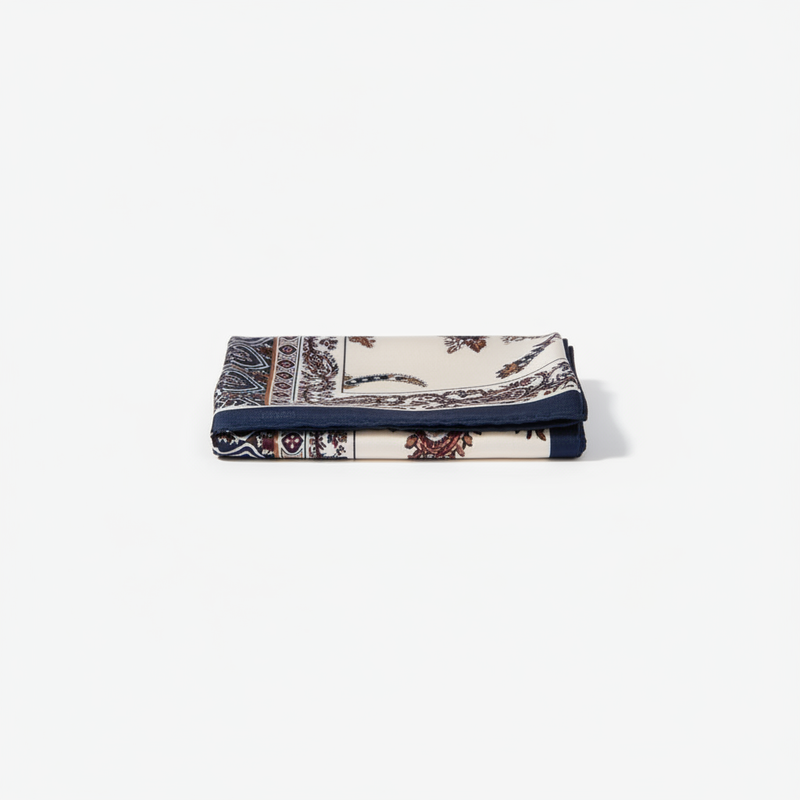 Mango navy blue and cream paisley print square satin scarf on white background