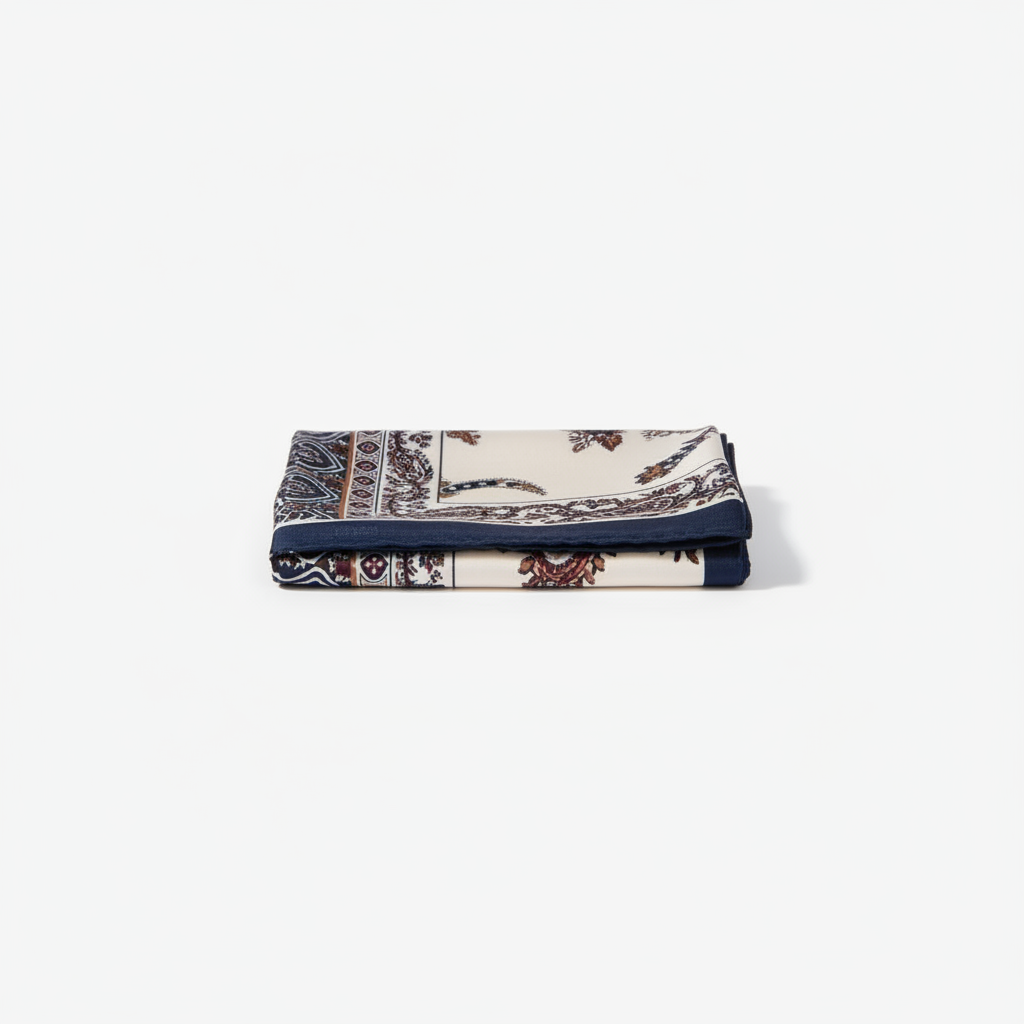 Mango navy blue and cream paisley print square satin scarf on white background