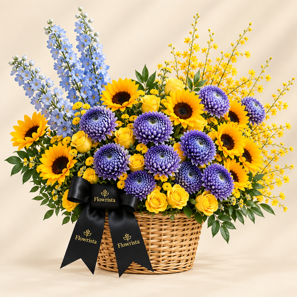 Flowrista wicker basket with yellow sunflowers and roses, purple chrysanthemums and pale blue flowers
