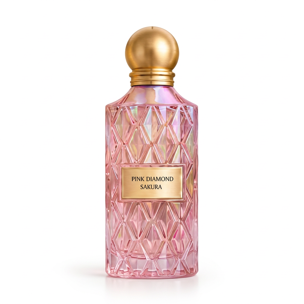 Pink Diamond Sakura perfume in a pink faceted bottle with gold-coloured round cap